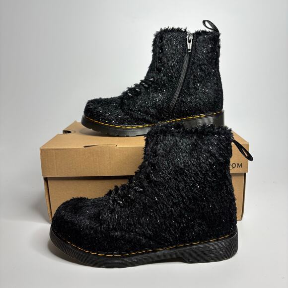 Dr. Martens Junior 1460 Pascal Tinsel Fur Lace Up Boots in Black - Picture 1 of 11
